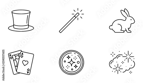Foto Magic Show Icons: Top Hat, Wand, Rabbit, Cards, Glitter, Smoke, Vector Set