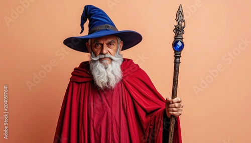 Wise Old Wizard in Red Robes with a Blue Hat and Staff Posing.