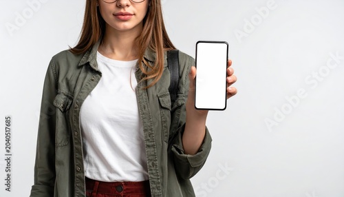 Woman in Glasses Holding Smartphone with Blank Screen, White Background.