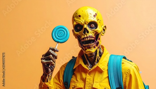 Zombie Student with Lollipop - Spooky Halloween Portrait Against Orange Backdrop.