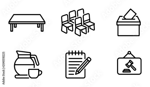 Obraz na płótnie Meeting Icons: Table, Chairs, Ballot Box, Coffee, Notepad, Gavel - Business Even