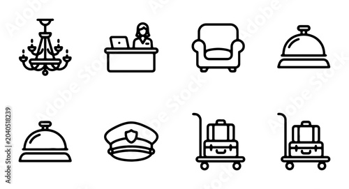 Photos Hotel Service Icons: Reception, Luggage Cart, Bellhop Hat, Chandelier, Armchair