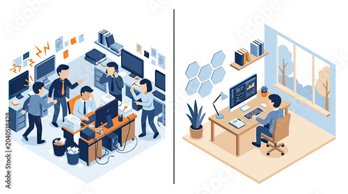 Isometric Comparison of a Chaotic and Organized Office Workspace Highlighting Work Stress versus Productivity and Efficiency