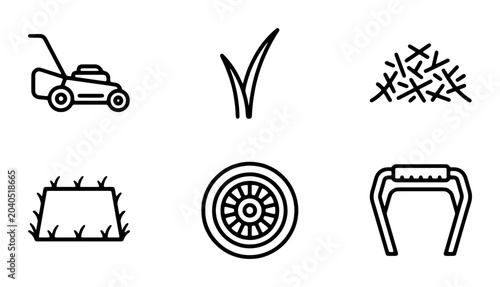 Foto Gardening Icons Set: Lawn Mower, Grass, Clippings, Wheel, Handle, Turf Slice