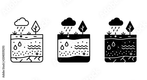 Billede på lærred Soil Layers and Water Cycle Icons, Cross-Sectional Earth Layers, Rainfall Absorp