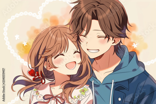 A loving couple in a romantic embrace, anime style