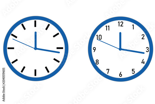 Set of two blue analog wall clocks with and without numbers on white