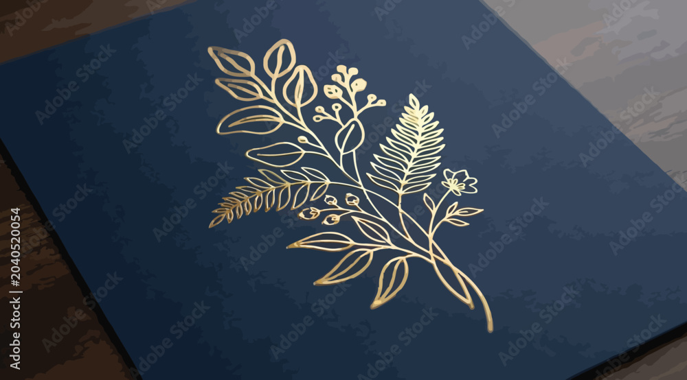 Obraz premium Elegant gold botanical line art illustration on dark blue textured background