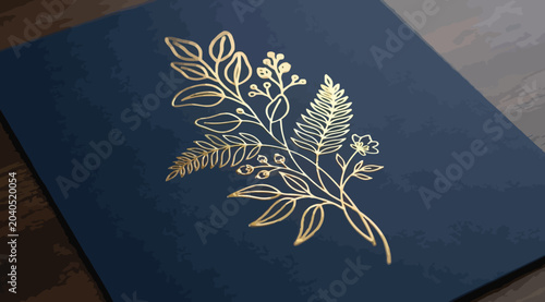 Konstfotografi Elegant gold botanical line art illustration on dark blue textured background