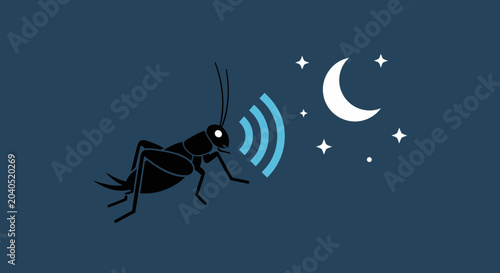 Tableau sur toile Cricket Chirping Signal at Night Under Moon and Stars, Sound Waves Illustration