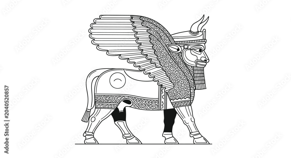Fototapeta premium Winged Bull Lamassu Assyrian Mythological Creature Line Art