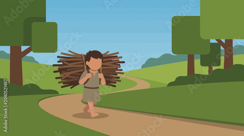 Cuadro en lienzo Child Carrying Heavy Load on Rural Pathway
