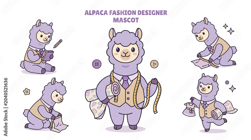 Fototapeta premium Cute Alpaca Fashion Designer Mascot Character Set in Various Poses Featuring Tailoring, Sketching, and Sewing Activities