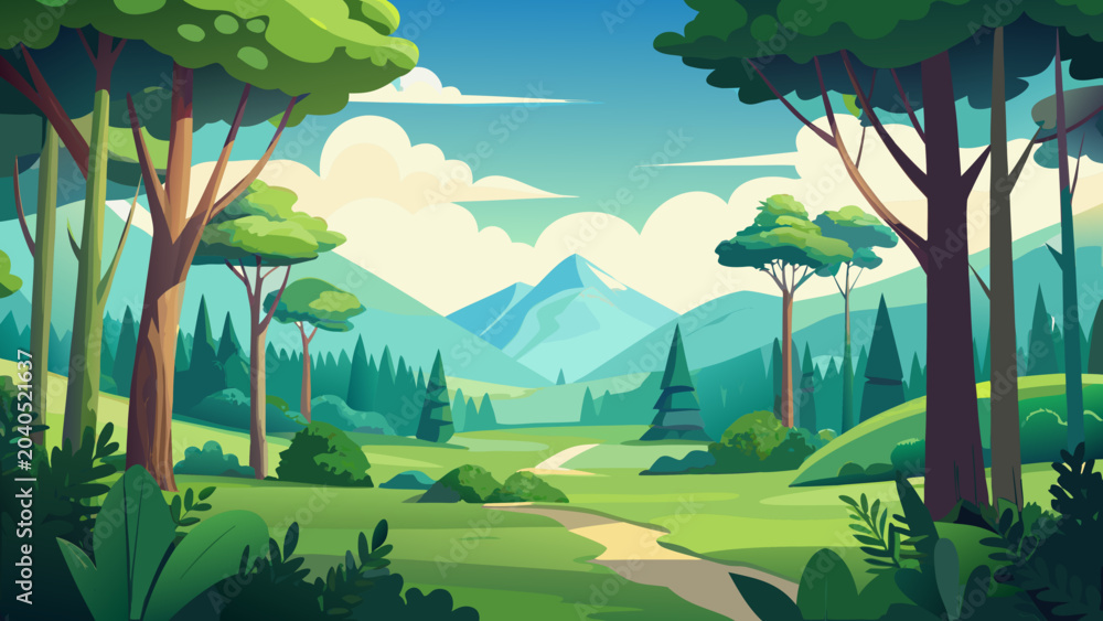 Obraz premium Vector, landscape, nature, illustration, grass, lawn, turf, greenery, meadow, summer, summertime, warm season, sunny season, park, garden, recreation area, green belt, green space