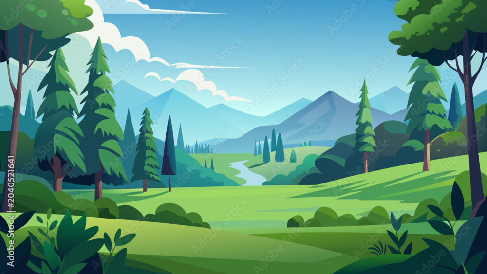 Obraz premium Vector, landscape, nature, illustration, grass, lawn, turf, greenery, meadow, summer, summertime, warm season, sunny season, park, garden, recreation area, green belt, green space