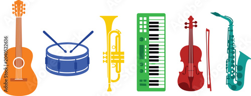 Photos Colorful Musical Instrument Icon Set with Acoustic Guitar Snare Drum Trumpet Ele