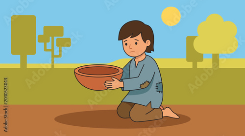 Photos Child in Worn Clothes Holding Empty Bowl