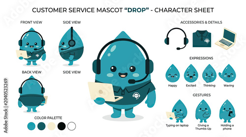 Customer Service Mascot Character Sheet with Water Drop Design, Including Various Poses, Expressions, and Accessories for Business and Tech Support