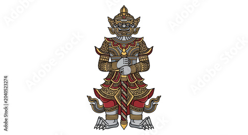 Thai Giant Warrior Yaksha Guardian Deity Figure with Sword - Isolated on White