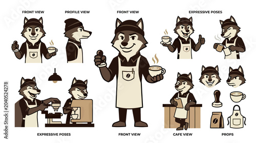 Wolf Barista Mascot Character Design Sheet with Different Poses, Facial Expressions and Coffee Icons