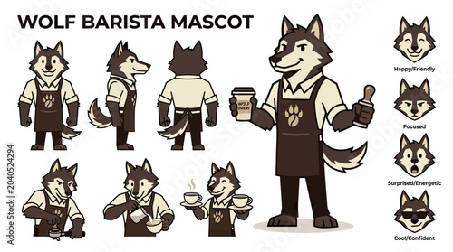Wolf Barista Mascot Character Sheet featuring Various Poses, Facial Expressions, and Coffee Shop Actions in Vector Illustration Style