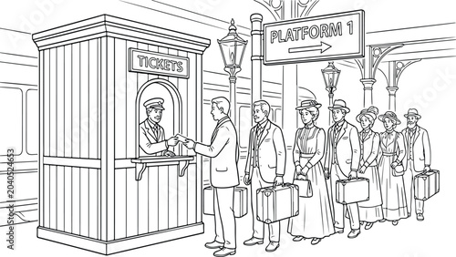 Εκτύπωση καμβά Vintage train station coloring page with people queuing at ticket office, Victor
