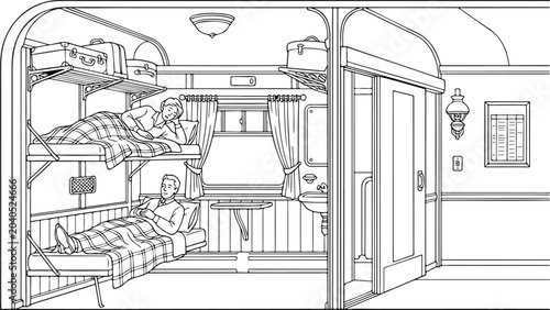 Cuadro en lienzo Retro train sleeper compartment interior line art coloring page with passengers