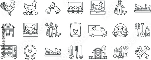Foto Poultry Farming and Chicken Breeding Line Icon Set Featuring Rooster Hen Eggs In