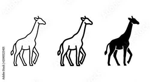 Photography Giraffe Icons Set: Outline, Line Art, Silhouette Vector Graphics for Wildlife an