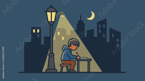 Fotografi Child Working at Night Under Dim Street Light