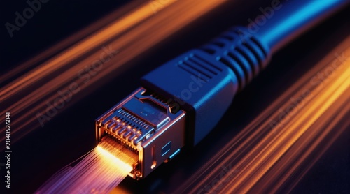 Close up of ethernet cable connector transmitting data with glowing orange light lines fast. Futuristic network technology, internet connection concept. High speed digital communication.