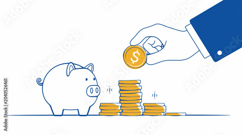 Illustration of a piggy bank, stacks of gold coins and a hand holding a gold coin on a white background symbolizes savings and money accumulation.