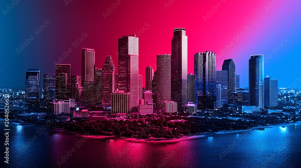 Fototapeta premium Pixelated City Skyline at Night Pink and Blue Illumination