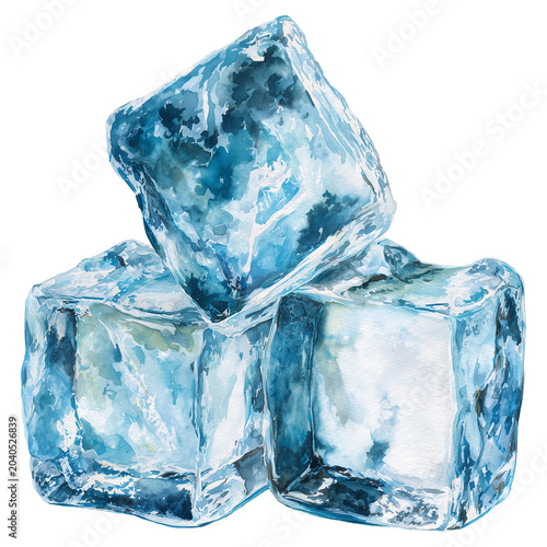 Water color illustration of ice cubes on transparent background