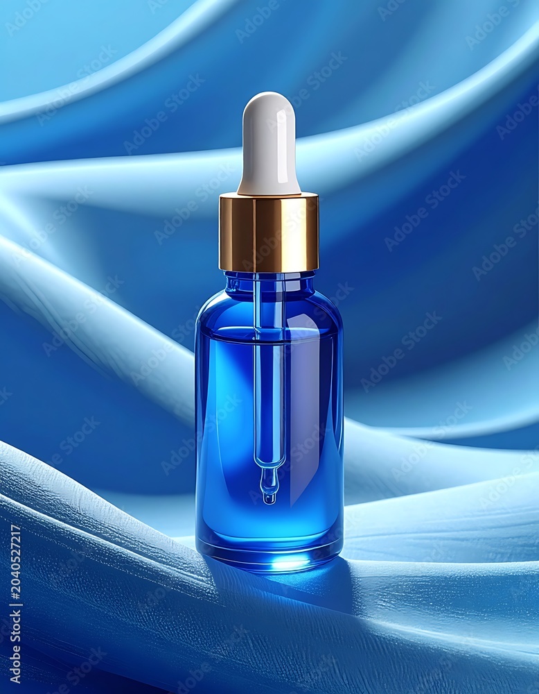 Naklejka premium A blue glass bottle with a dropper on a blue fabric background