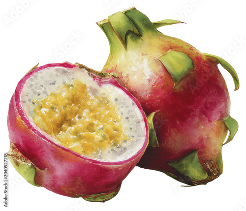Water color illustration of dragon fruit on transparent background