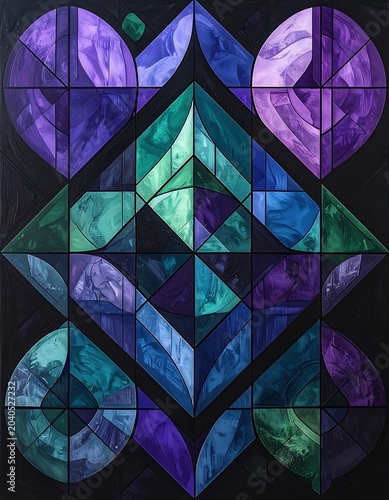 A geometric artwork with purple, blue, and green stained-glass-like patterns on a black background