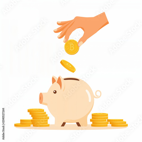 Illustration of a hand throwing a gold coin into a piggy bank