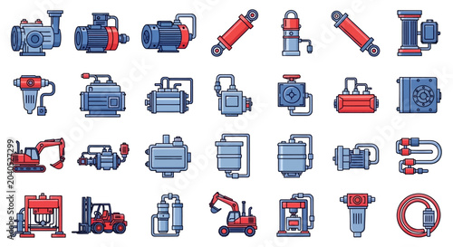 Industrial machinery and tools icons.
