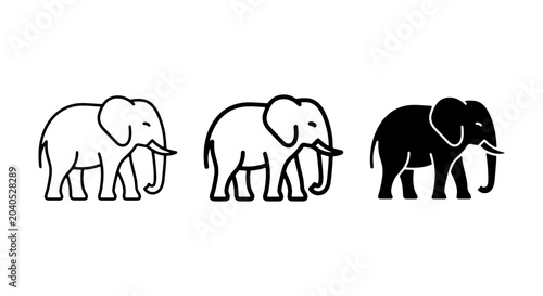 Slika na platnu Elephant Icons Set: Outline, Filled, Silhouette Vector Graphics for Wildlife and