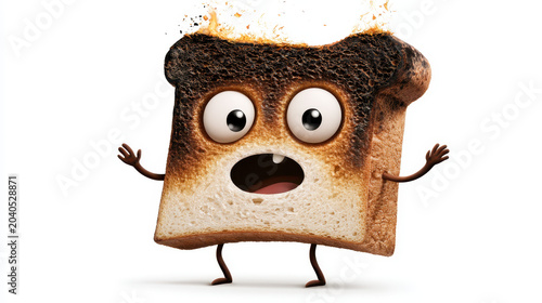 Funny cartoon burnt toast with big eyes, scared expression on white background