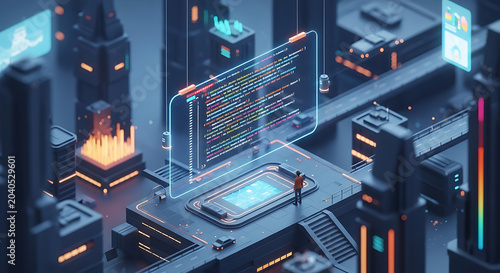 Futuristic city with holographic code interface and digital infrastructure