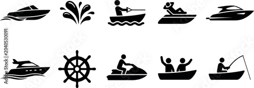 Fotografie Black silhouettes of various boats and people on water sports and activities ico