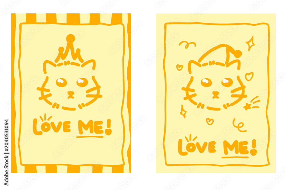 Fototapeta premium Playful Doodle Cats Wearing Hats Yellow Background Love Me Text Graphic