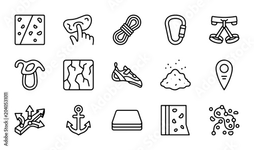 Fotografía Climbing Gear Icons, Rock Climbing Equipment Set, Outdoor Adventure Vector Graph