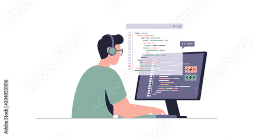Programmer wearing headphones coding on a computer screen.