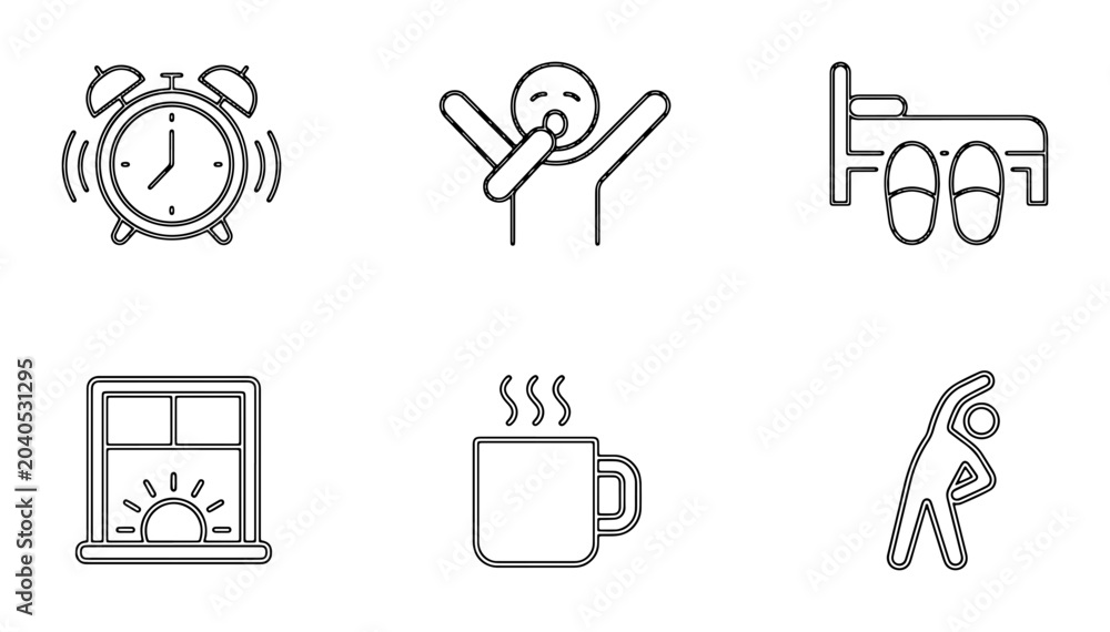 Obraz premium Morning Routine Icons: Alarm Clock, Yawning Person, Bed, Sunrise Window, Coffee Mug, Stretching