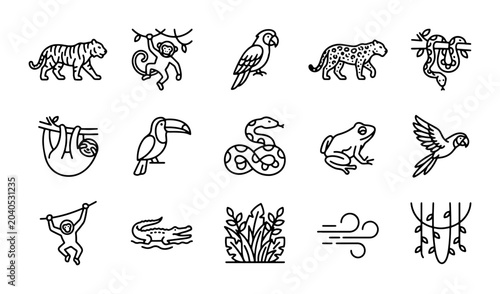 Photography Jungle Animals Vector Icons Set: Tropical Wildlife, Exotic Birds, Reptiles, Mamm