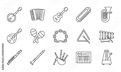 Musical Instruments Collection, Vector Icons Set, Outline Graphics for Music Education and Performance