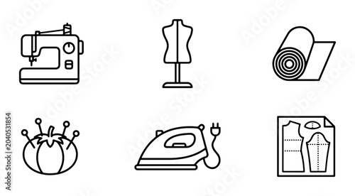 Obraz na płótnie Sewing Icons Set: Machine, Mannequin, Fabric Roll, Pins, Iron, Pattern, Crafting